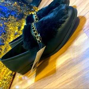 Black Furry Slip on Loafers W/ Gold Accents